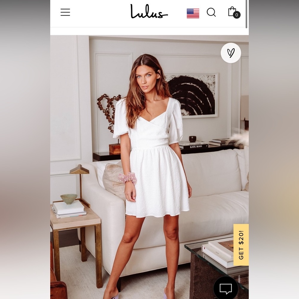 Lulu’s “Little Bit in Love” white puff sleeve mini dress